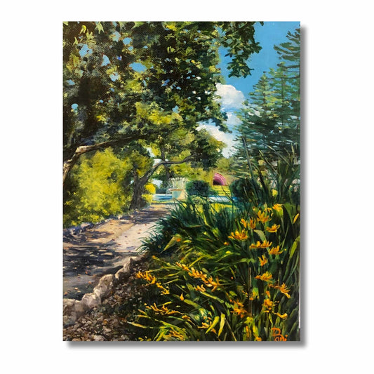 Original oil painting of the Marine Parade gardens in Napier with dappled light through trees, golden kangaroo paw flowers and a path leading to the soundshell, by Bari Duncan, 23 × 30cm gallery wrap canvas.
