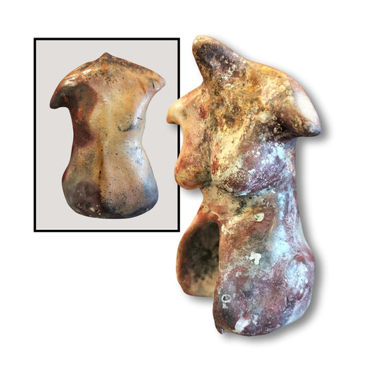 Small pit fired ceramic woman’s torso sculpture by Chloe Foster in maroon, white, and black marbled tone