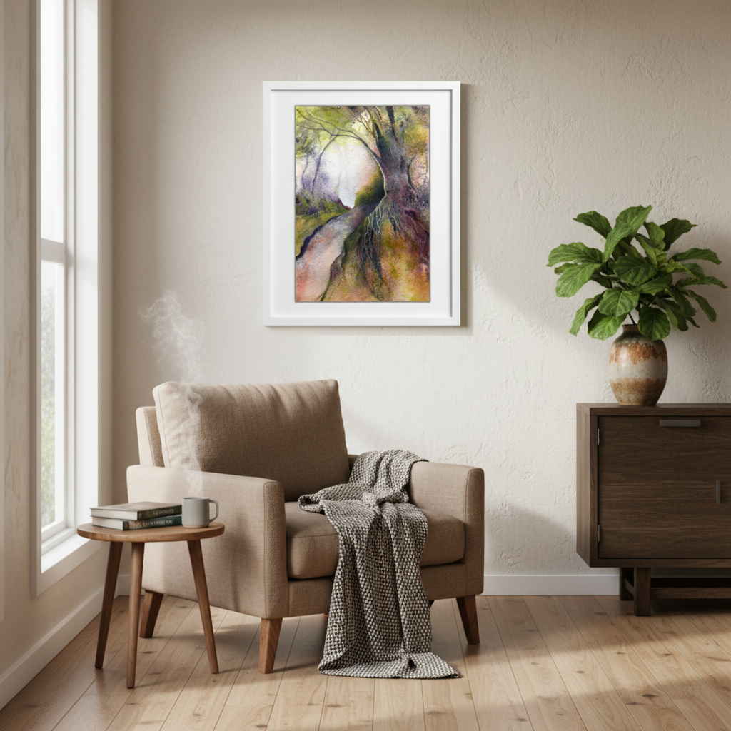Towards the Light by Raewyn Harris displayed in a contemporary NZ home interior, medium framed watercolour forest painting in warm earthy tones
