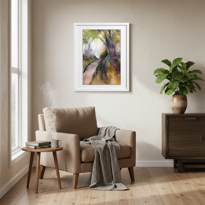 Towards the Light by Raewyn Harris displayed in a contemporary NZ home interior, medium framed watercolour forest painting in warm earthy tones
