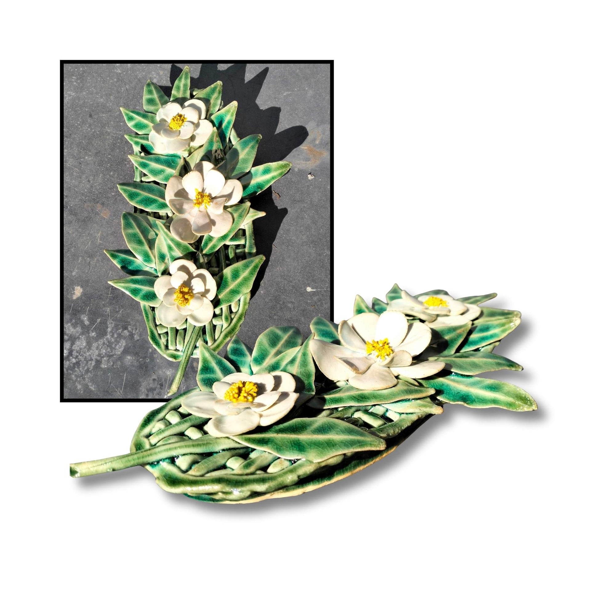 Soft blue triple flower wall piece by Tom Somerville, handmade ceramic.