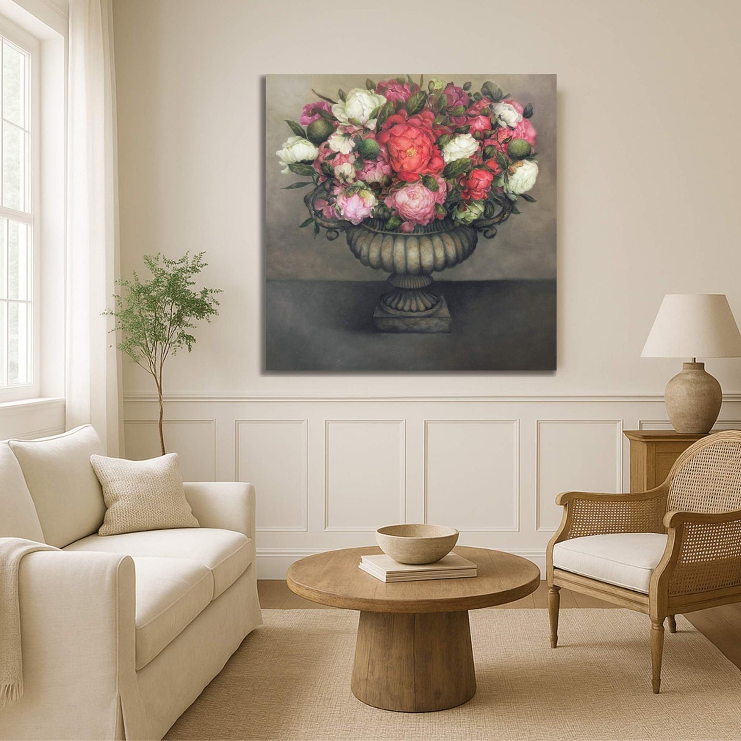 Living room with a floral painting on the wall, beige sofa, wooden coffee table, and wicker chair.