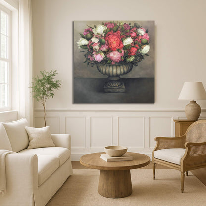 Living room with a floral painting on the wall, beige sofa, wooden coffee table, and wicker chair.