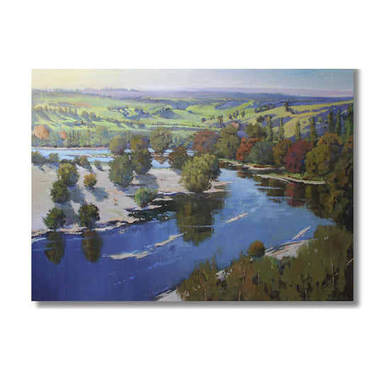 Tukituki River View oil painting by Nick Hayter showing a sweeping river landscape with lush trees and rolling hills, framed in white box frame
