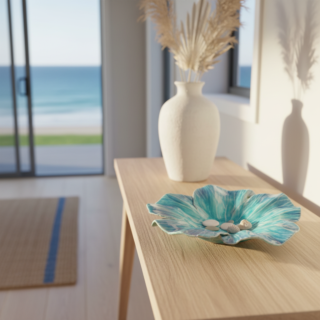 Hibiscus Plate by Tom Somerville in turquoise styled in contemporary home with natural light and coastal aesthetic
