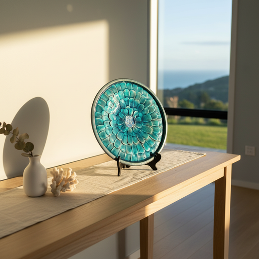 Turquoise Platter by Tom Somerville styled in contemporary coastal home with natural light
