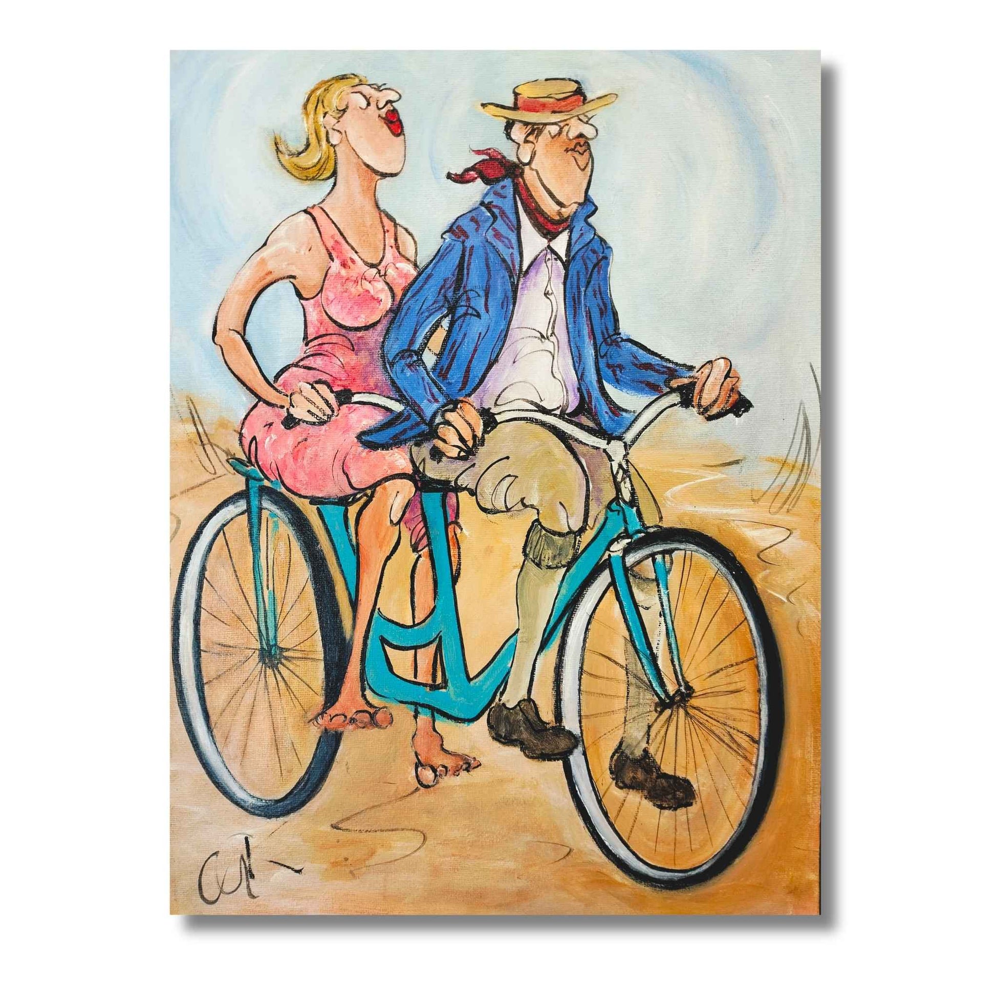 Two Up original acrylic painting by Chloe King, man and woman on a tandem bike, 30x40cm, Red Peach Gallery
