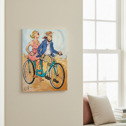 Two Up by Chloe King hung in a cosy nook beside a window, small original painting in a warm home setting
