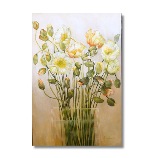 Unfolding by Nola Weber, a vertical oil painting of pale yellow, white and peach flowers with green buds and slender stems in a clear glass vase.
