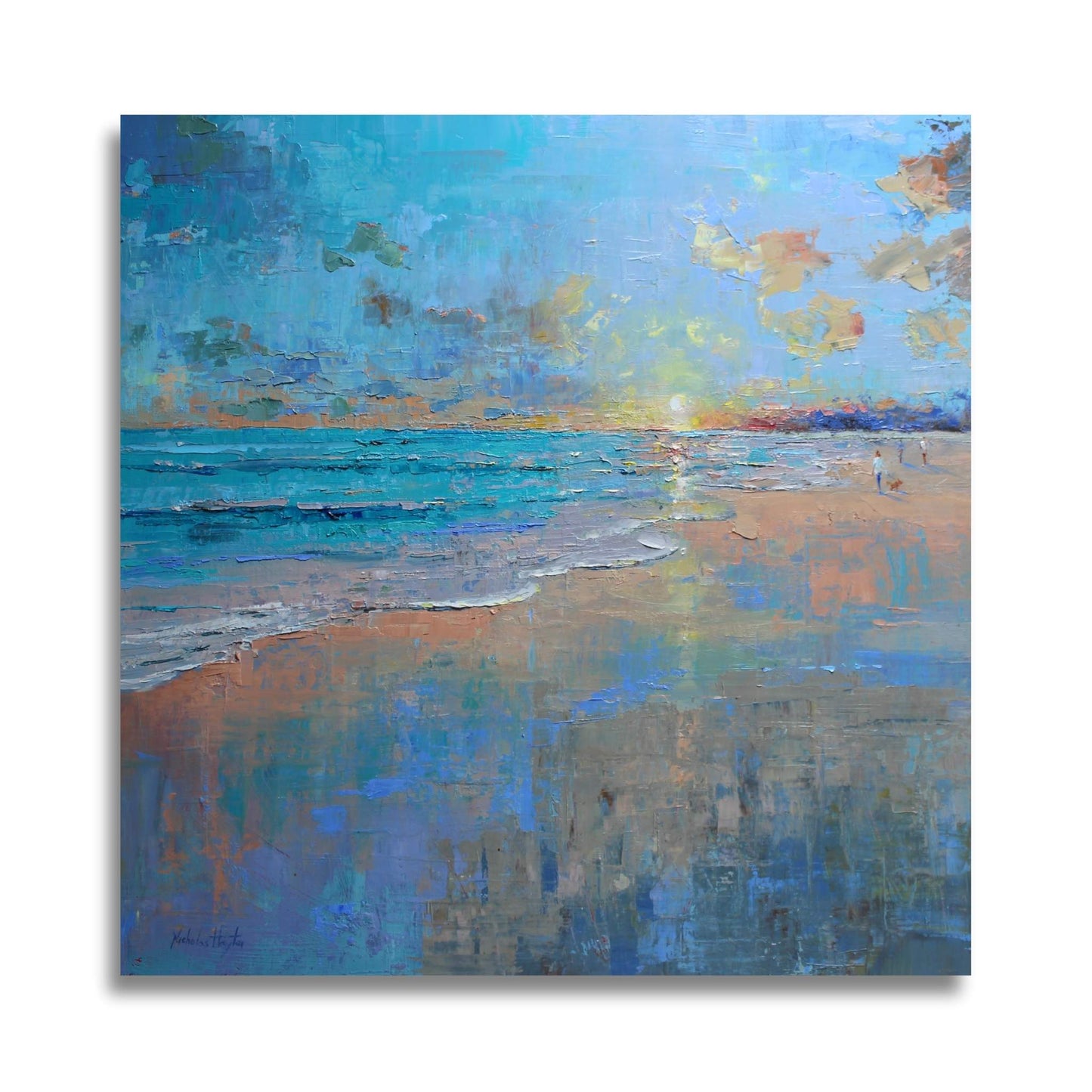 Nicholas Hayter oil painting titled Unwind, featuring a soft seascape with horizon sunrise or sunset, foamy tide, and painterly wet sand in calming tones.