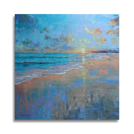 Nicholas Hayter oil painting titled Unwind, featuring a soft seascape with horizon sunrise or sunset, foamy tide, and painterly wet sand in calming tones.