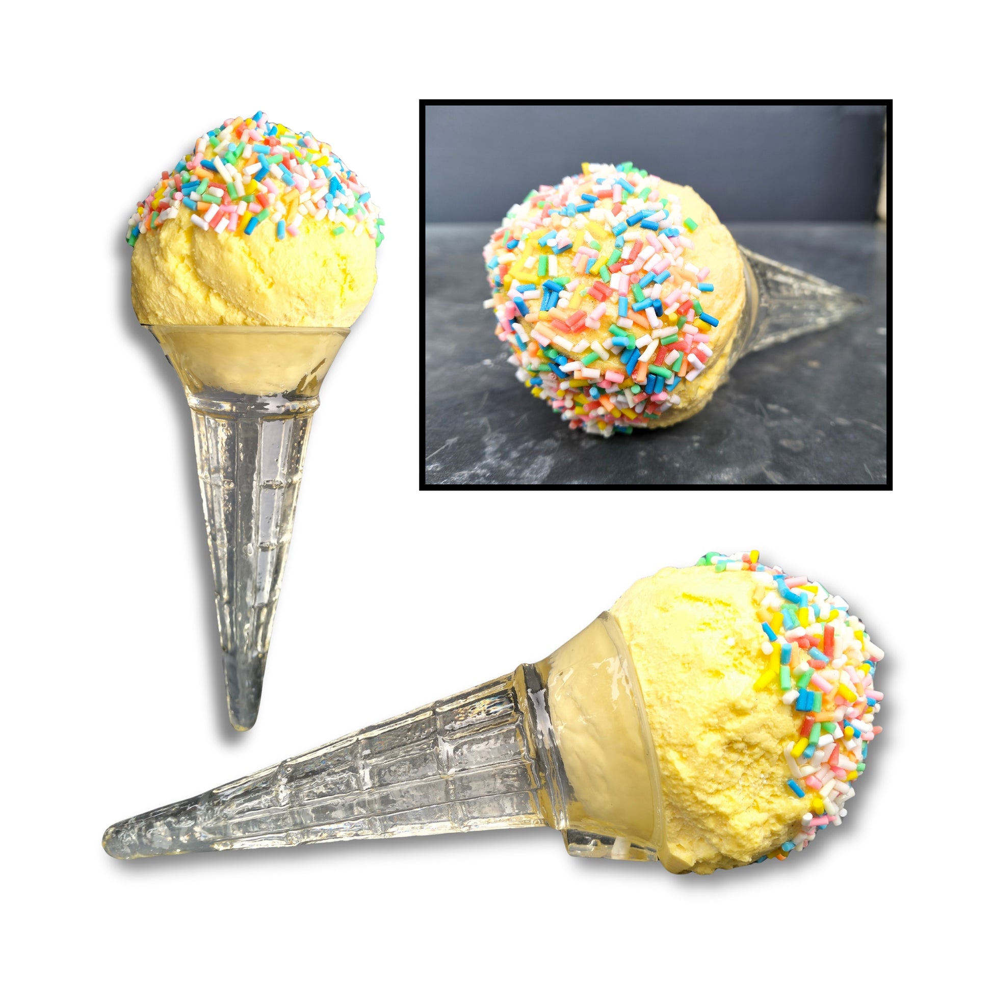 Different close up views of acrylic Sculpture sprinkle ice-cream Vanilla flavour by artist Dave Thomas 
