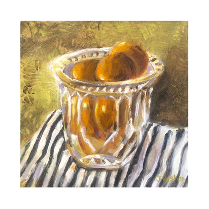Vintage Glass by Jenny Bishop – small original oil painting on canvas, shown on a white background.