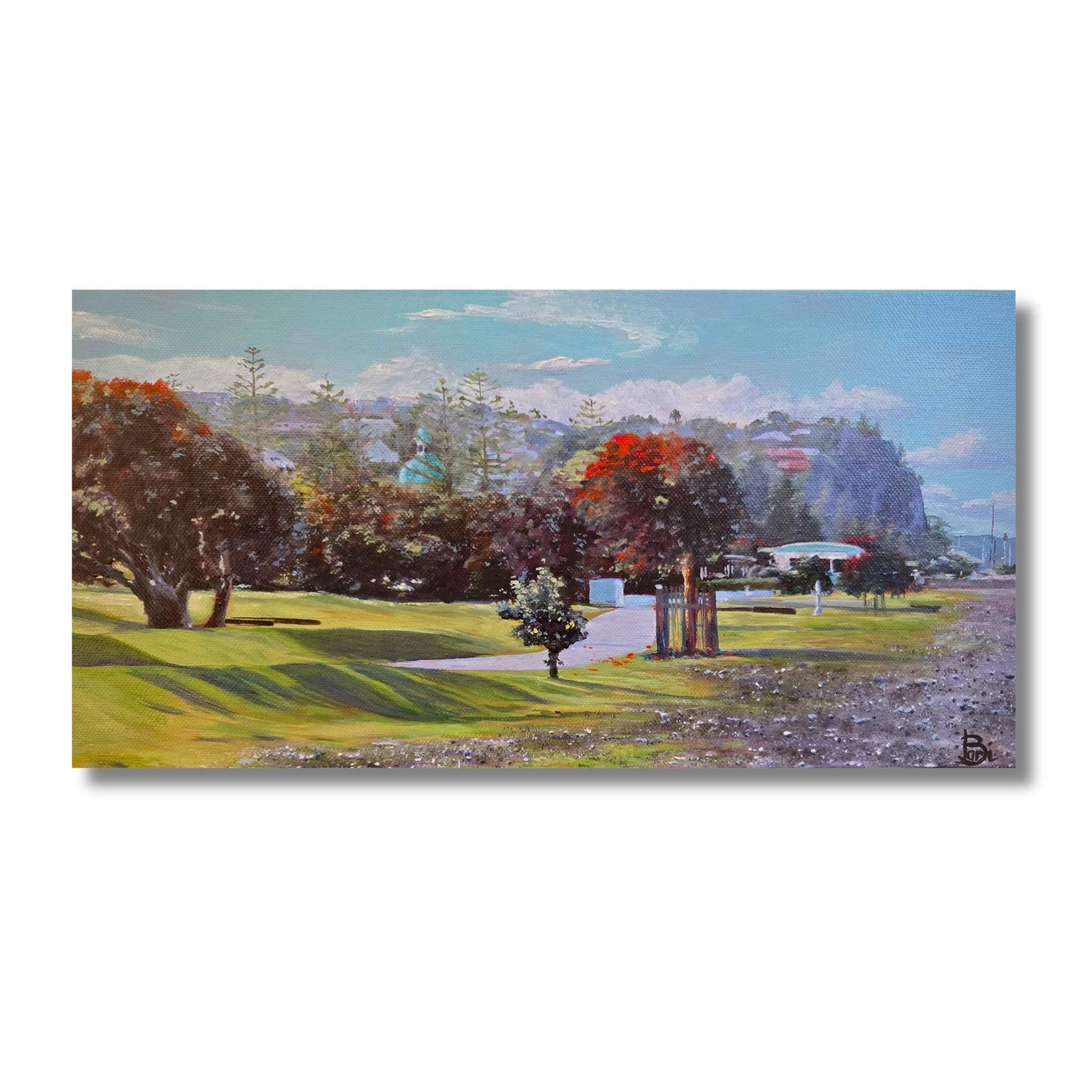 Original oil painting of a Napier parkland scene with pōhutukawa trees in bloom and the Bluff in the background, by New Zealand artist Bari Duncan, 20 × 40cm.
