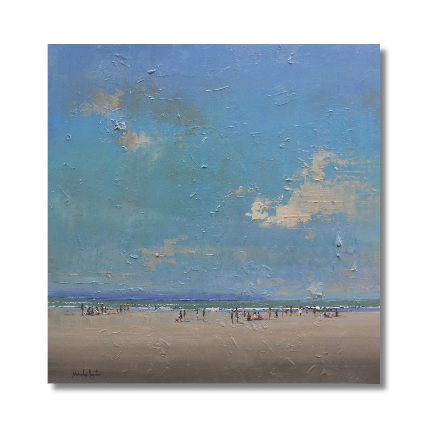 Warm Soft Sand, original oil on board by Nicholas Hayter, expansive beach scene with textured blue sky and tiny figures on sand, white box frame
