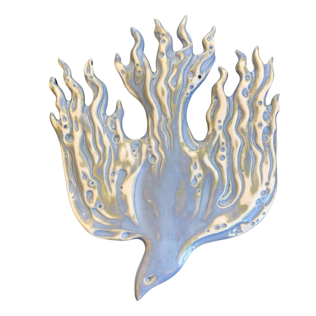 Waterbird by Lyn Rigg, a ceramic wall sculpture with sweeping feather-like forms, circular surface details and blue and cream Blue Mist Glaze.
