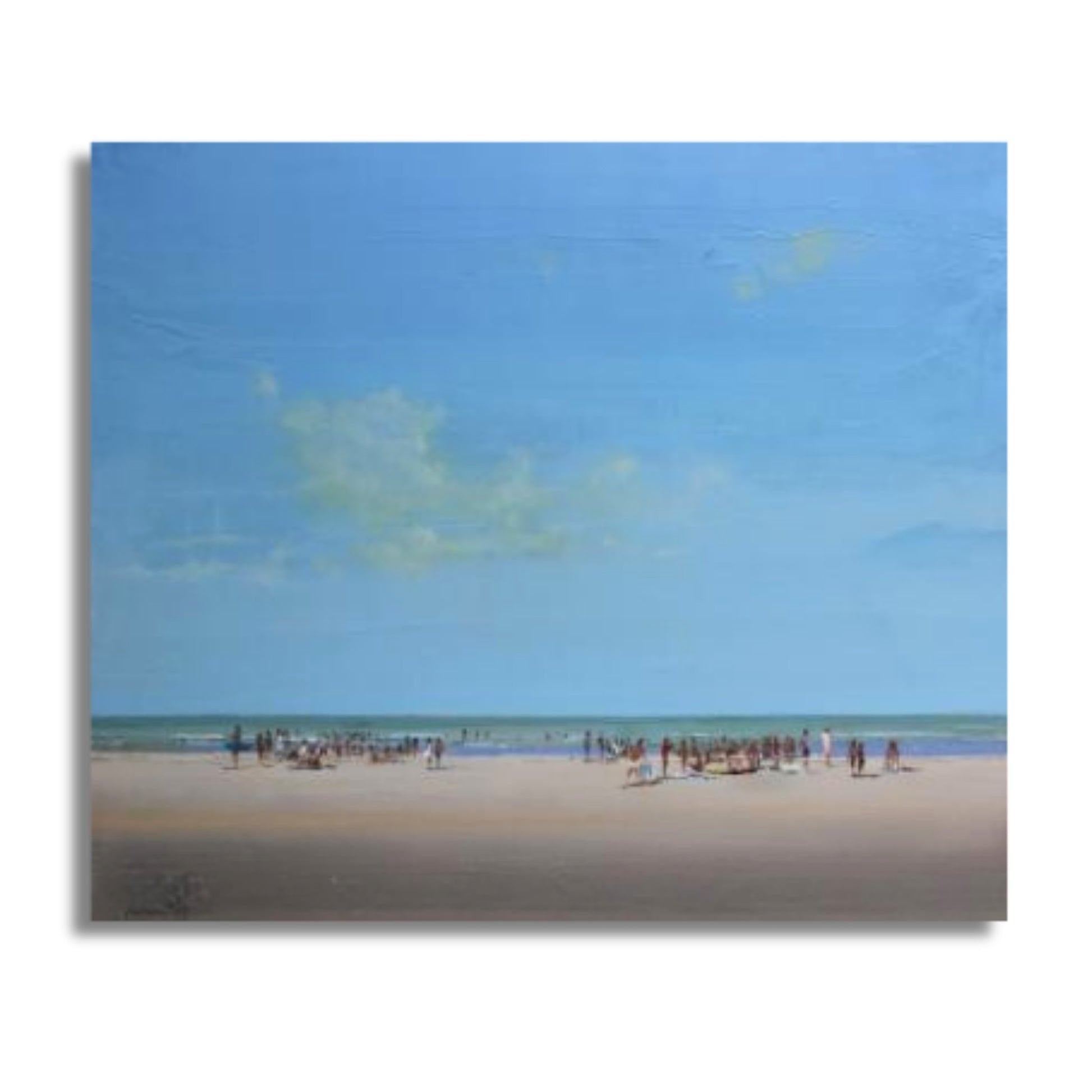 Nicholas Hayter beach painting with summer sky, sand and people enjoying a holiday on white background.