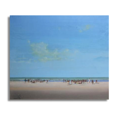 Nicholas Hayter beach painting with summer sky, sand and people enjoying a holiday on white background.