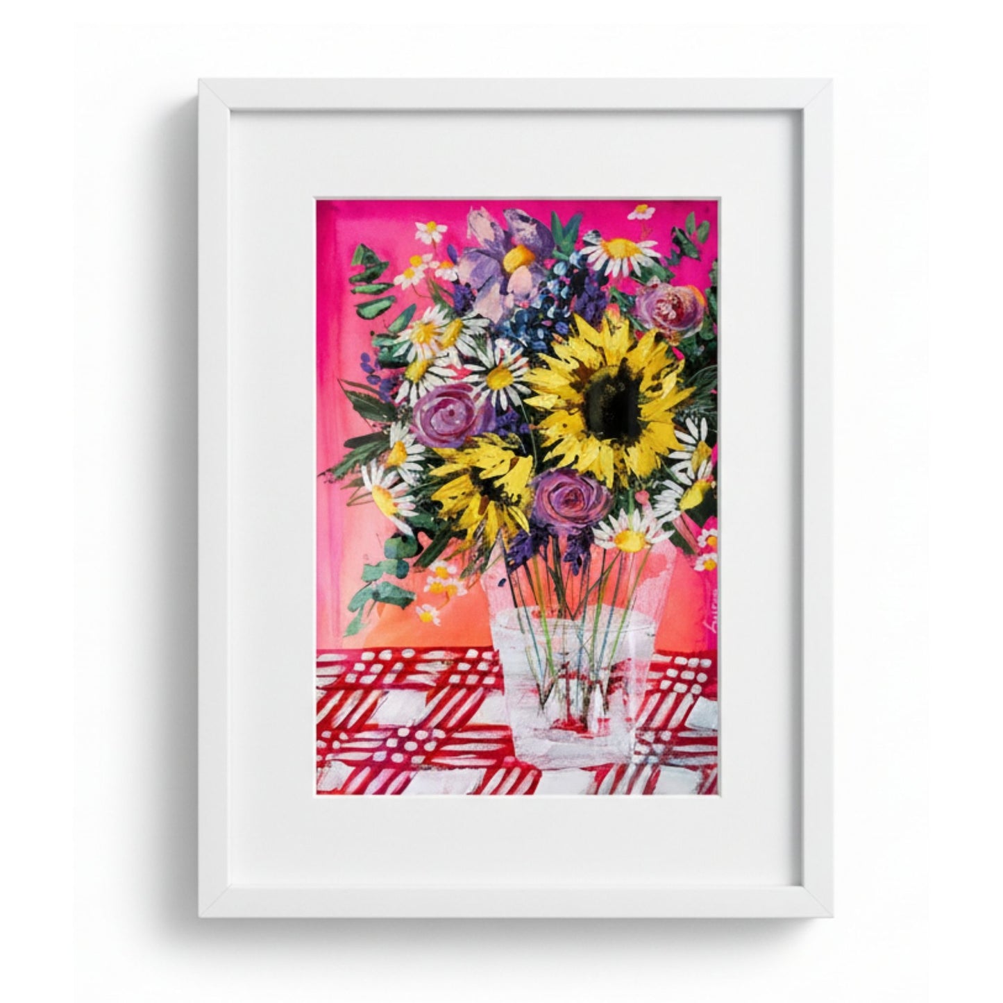 What Sunflowers Do - Original sunflower painting by Susan Vorster, acrylic on paper, featuring bold yellow sunflowers, pink roses and daisies against vibrant pink background, white matted and framed