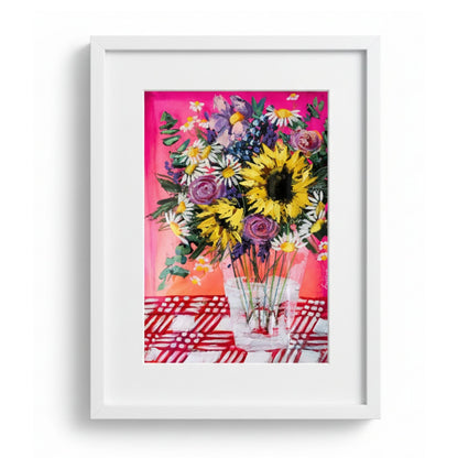 What Sunflowers Do - Original sunflower painting by Susan Vorster, acrylic on paper, featuring bold yellow sunflowers, pink roses and daisies against vibrant pink background, white matted and framed