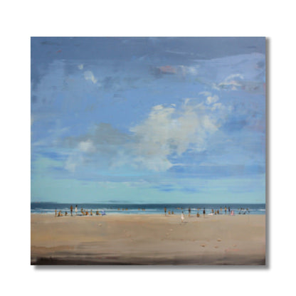 Whispers of the Tide oil painting by Nick Hayter showing a peaceful beach scene with soft blue sky and sandy shor
