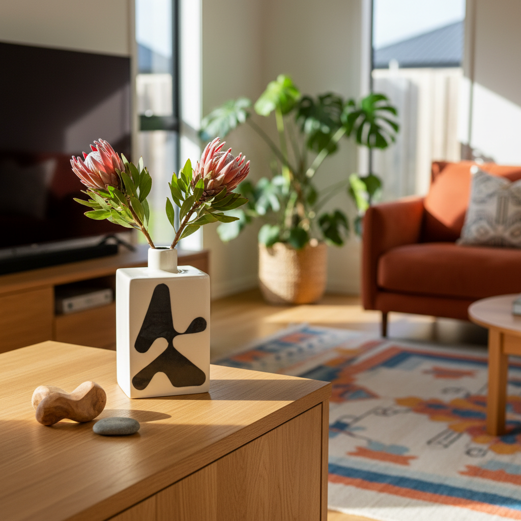White and black ceramic vase #01 by Greg Melville with simple flowers
