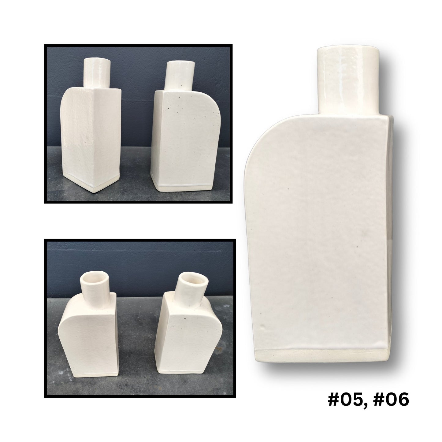 White ceramic bottle vase with curved sides handcrafted by Greg Melville
