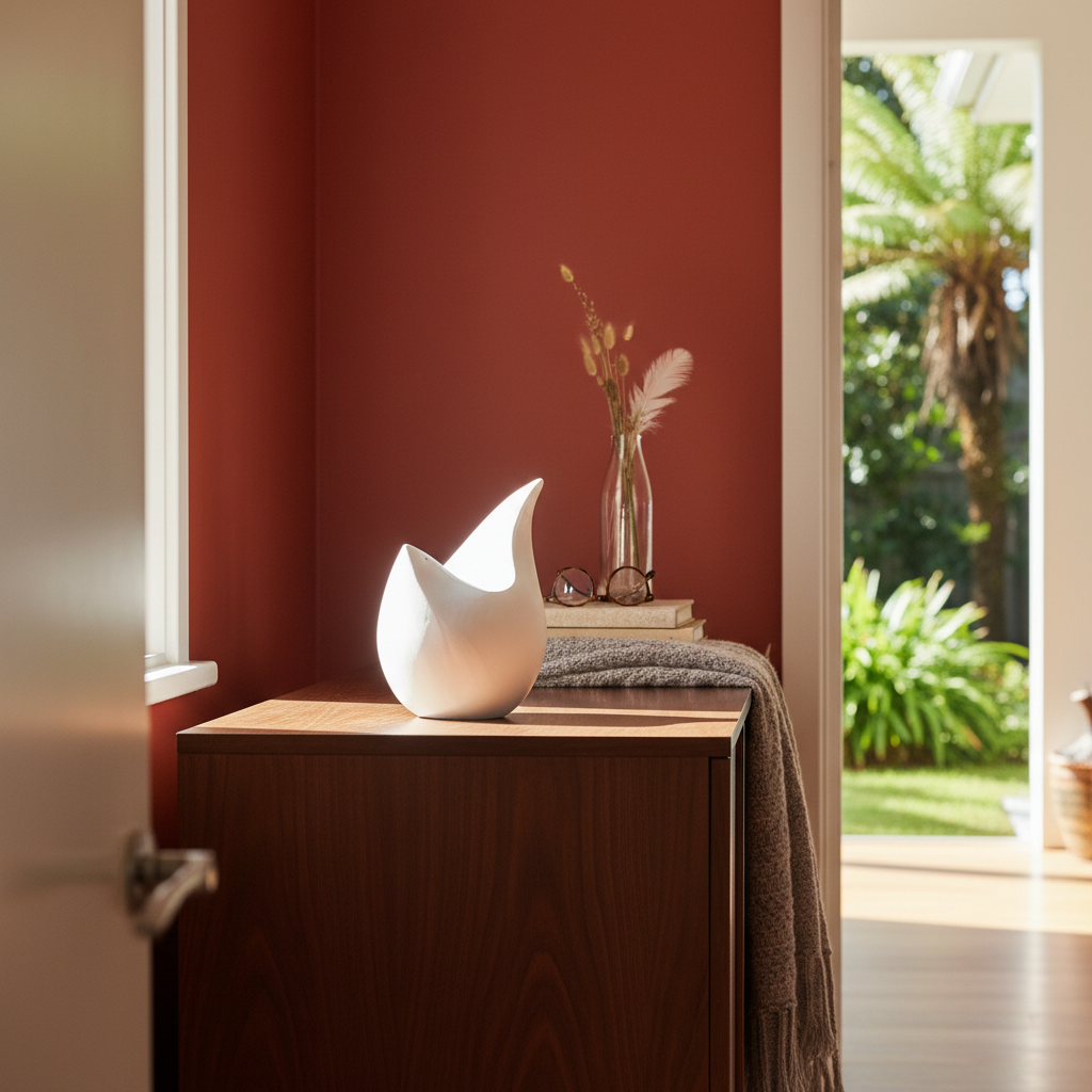 White earthenware bird sculpture #A in home setting