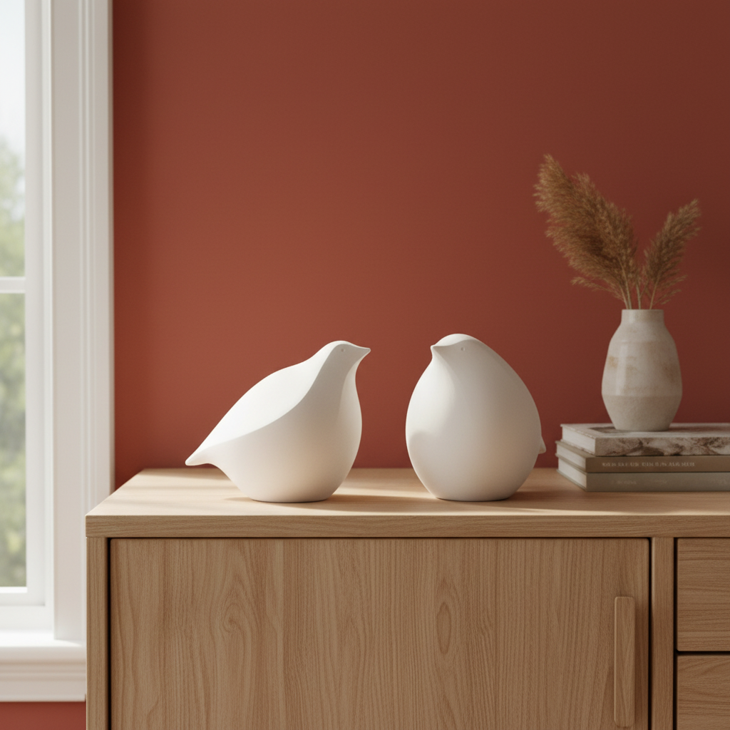 White earthenware birds G and H together in home setting