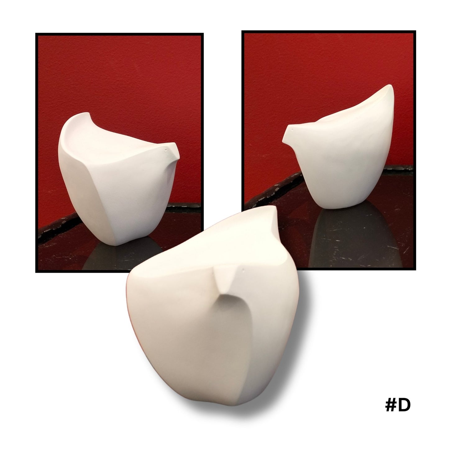 White ceramic bird  sculpture #D on a reflective surface with a red background