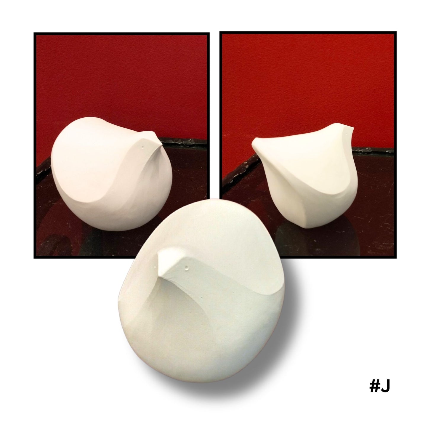 White Earthenware ceramic bird no.J showing three angles  on a red background