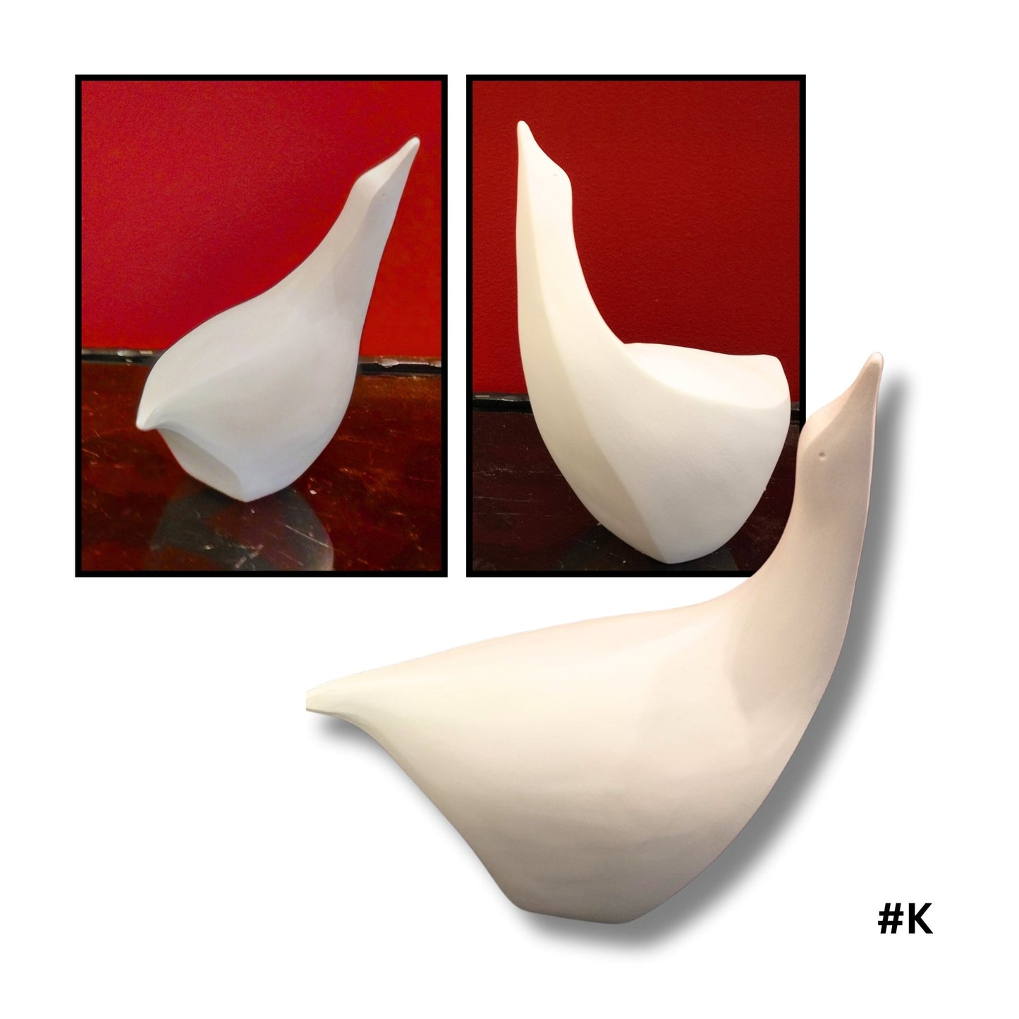 White Earthenware ceramic bird no.k showing three angles  on a red background