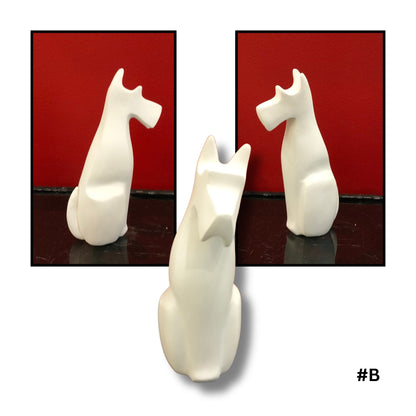 White earthenware clay dog sculpture hand-sculpted by Louise Sweetapple no. B - left, front, right
