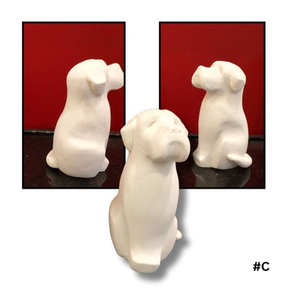 White earthenware clay dog sculpture hand-sculpted by Louise Sweetapple no. C - left, front, right
