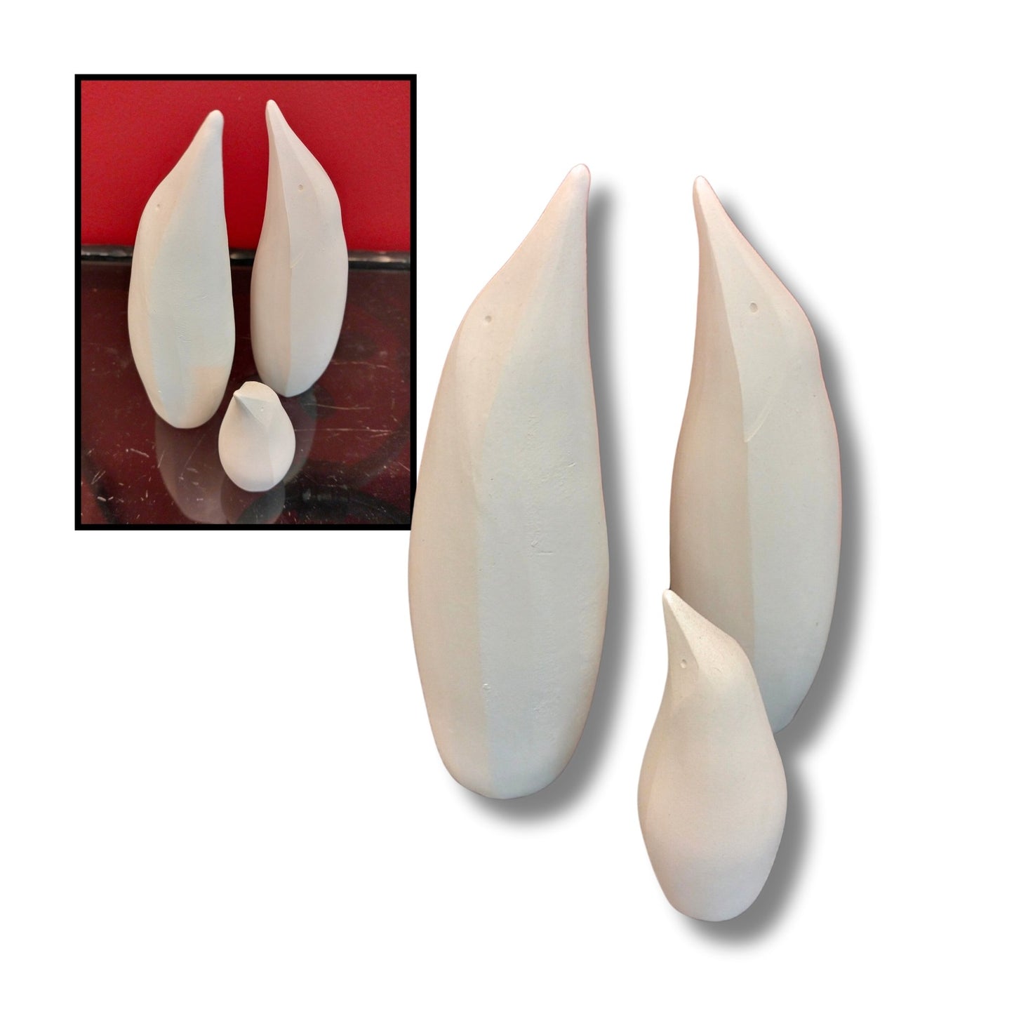 Family set of white ceramic penguin sculptures on a white background with an inset showing them on a red surface.