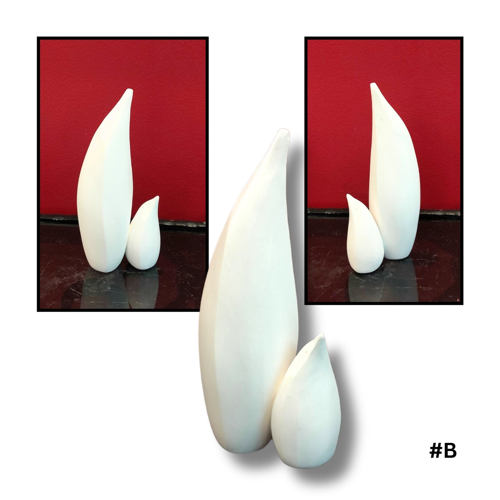 Mother and child White Earthenware Clay Penguin sculpture B, showing three views on a reflective surface with red background