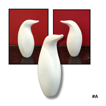 Single White Earthenware Clay hand sculptured Penguin, showing three different angles