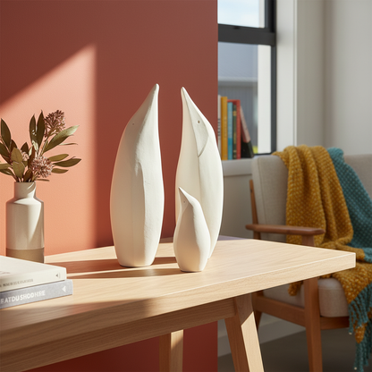 White earthenware penguin family in home setting