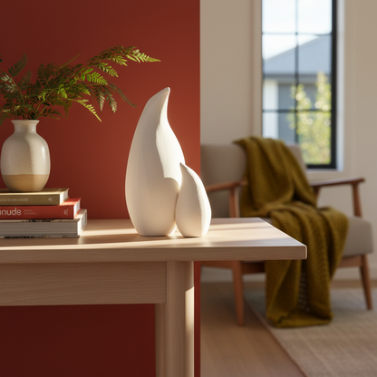 White earthenware penguin mother and child sculpture in home setting