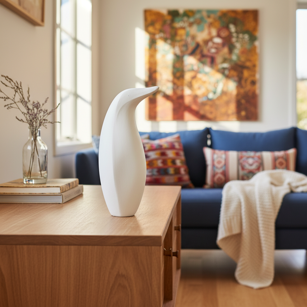 White earthenware penguin sculpture in home setting