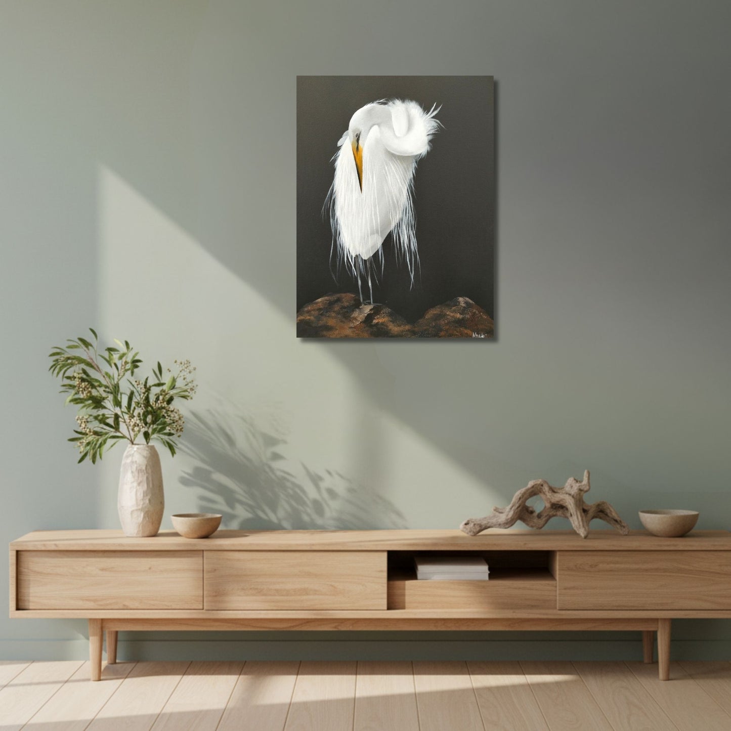White Heron painting by Marion Aitken showing detailed white feathers against dark atmospheric background
