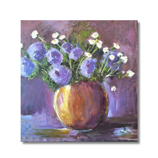 Wild Things floral painting by Jenny Bishop showing purple flowers and white daisies in golden vase with loose expressive brushstrokes
