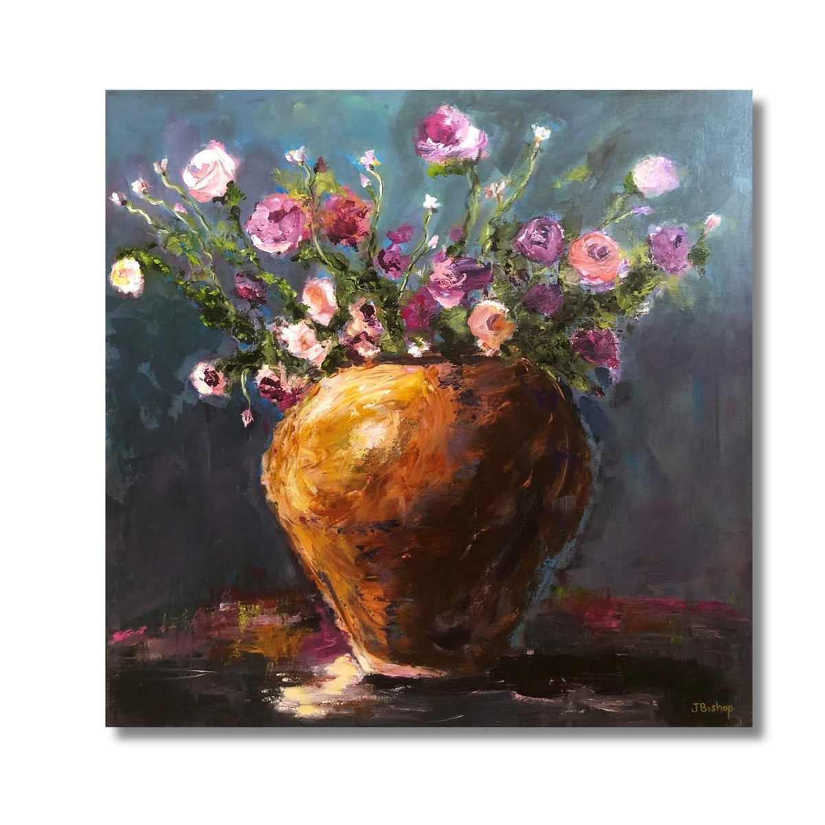 Wild Things II by Jenny Bishop, an acrylic painting of pink, plum and pale flowers in a golden-toned vase against a deep blue-green background.
