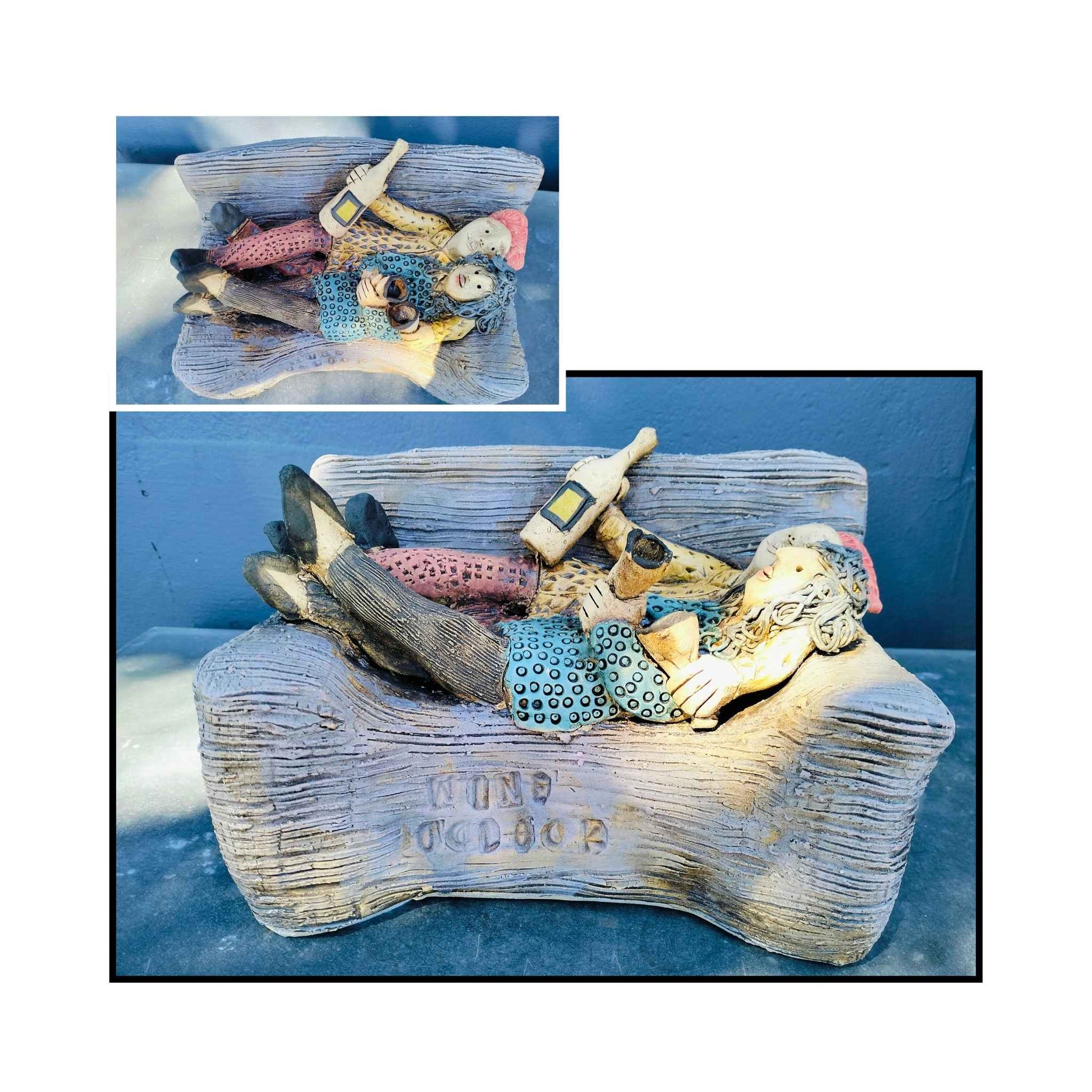 Wine O’Clock by Mandy Olson – playful ceramic sculpture on a white background