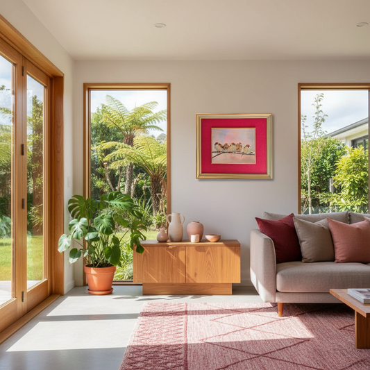 Winter Huddle by Jane McIntosh displayed in a contemporary NZ home interior, framed oil painting of sparrows in warm crimson and soft pink tones
