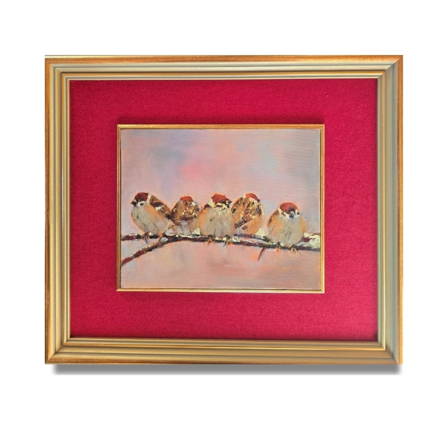 Winter Huddle, original oil on canvas by Jane McIntosh, five sparrows huddled on a branch against a soft pink winter sky, gold frame with crimson mat

