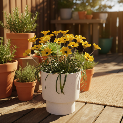 Yellow ceramic daisy stems by Teresa Corbishley displayed in a white pot outdoors at Red Peach Gallery
