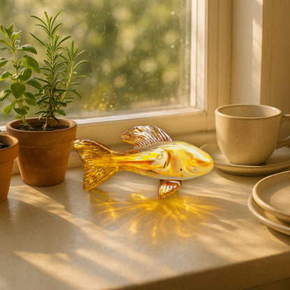 Glass fish ornament on a windowsill with plants and a cup.